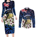 Tomtit New Zealand Personalised Couples Matching Long Sleeve Bodycon Dress and Long Sleeve Button Shirt Miromiro Manuka Flower Maori Pattern