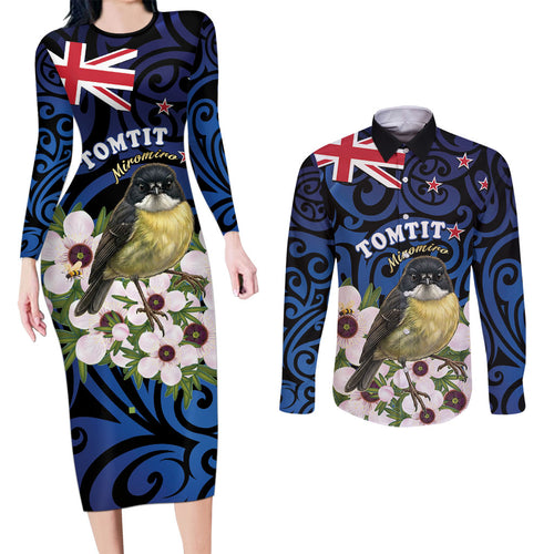 Tomtit New Zealand Personalised Couples Matching Long Sleeve Bodycon Dress and Long Sleeve Button Shirt Miromiro Manuka Flower Maori Pattern
