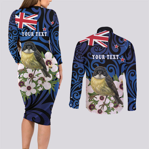 Tomtit New Zealand Personalised Couples Matching Long Sleeve Bodycon Dress and Long Sleeve Button Shirt Miromiro Manuka Flower Maori Pattern