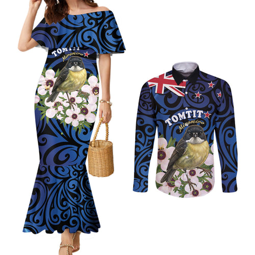 Tomtit New Zealand Personalised Couples Matching Mermaid Dress and Long Sleeve Button Shirt Miromiro Manuka Flower Maori Pattern