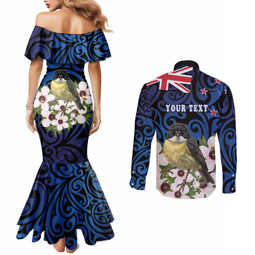 Tomtit New Zealand Personalised Couples Matching Mermaid Dress and Long Sleeve Button Shirt Miromiro Manuka Flower Maori Pattern