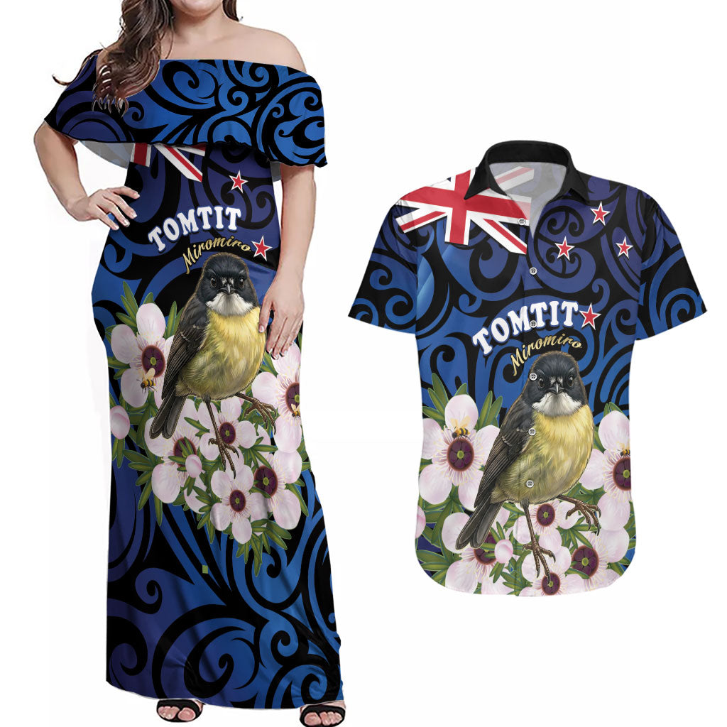 Tomtit New Zealand Personalised Couples Matching Off Shoulder Maxi Dress and Hawaiian Shirt Miromiro Manuka Flower Maori Pattern