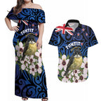 Tomtit New Zealand Personalised Couples Matching Off Shoulder Maxi Dress and Hawaiian Shirt Miromiro Manuka Flower Maori Pattern