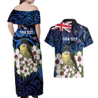 Tomtit New Zealand Personalised Couples Matching Off Shoulder Maxi Dress and Hawaiian Shirt Miromiro Manuka Flower Maori Pattern
