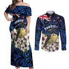 Tomtit New Zealand Personalised Couples Matching Off Shoulder Maxi Dress and Long Sleeve Button Shirt Miromiro Manuka Flower Maori Pattern