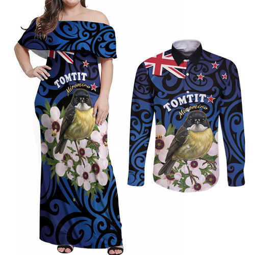 Tomtit New Zealand Personalised Couples Matching Off Shoulder Maxi Dress and Long Sleeve Button Shirt Miromiro Manuka Flower Maori Pattern