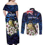 Tomtit New Zealand Personalised Couples Matching Off Shoulder Maxi Dress and Long Sleeve Button Shirt Miromiro Manuka Flower Maori Pattern
