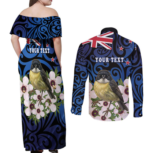 Tomtit New Zealand Personalised Couples Matching Off Shoulder Maxi Dress and Long Sleeve Button Shirt Miromiro Manuka Flower Maori Pattern