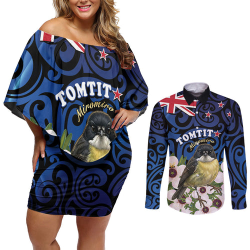 Tomtit New Zealand Personalised Couples Matching Off Shoulder Short Dress and Long Sleeve Button Shirt Miromiro Manuka Flower Maori Pattern
