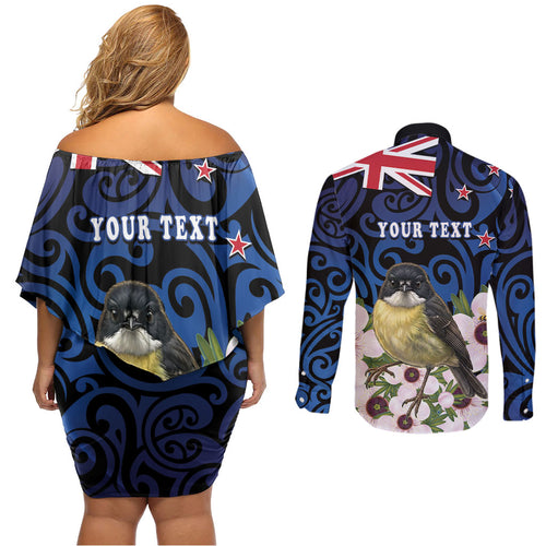 Tomtit New Zealand Personalised Couples Matching Off Shoulder Short Dress and Long Sleeve Button Shirt Miromiro Manuka Flower Maori Pattern