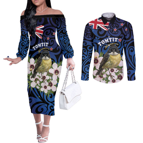Tomtit New Zealand Personalised Couples Matching Off The Shoulder Long Sleeve Dress and Long Sleeve Button Shirt Miromiro Manuka Flower Maori Pattern