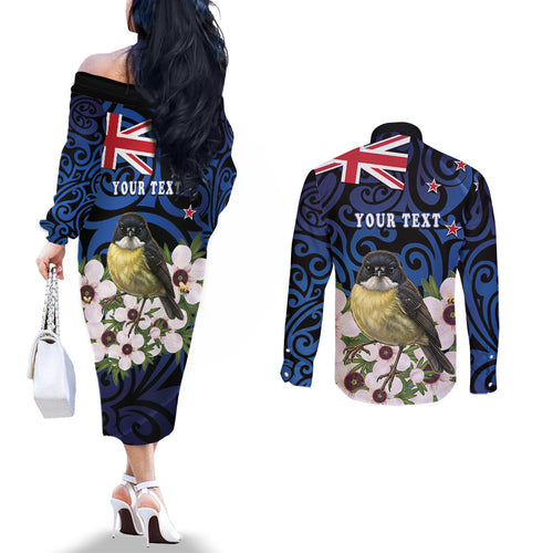 Tomtit New Zealand Personalised Couples Matching Off The Shoulder Long Sleeve Dress and Long Sleeve Button Shirt Miromiro Manuka Flower Maori Pattern