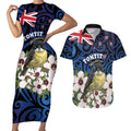 Tomtit New Zealand Personalised Couples Matching Short Sleeve Bodycon Dress and Hawaiian Shirt Miromiro Manuka Flower Maori Pattern
