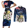 Tomtit New Zealand Personalised Couples Matching Short Sleeve Bodycon Dress and Long Sleeve Button Shirt Miromiro Manuka Flower Maori Pattern