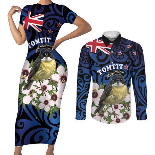 Tomtit New Zealand Personalised Couples Matching Short Sleeve Bodycon Dress and Long Sleeve Button Shirt Miromiro Manuka Flower Maori Pattern