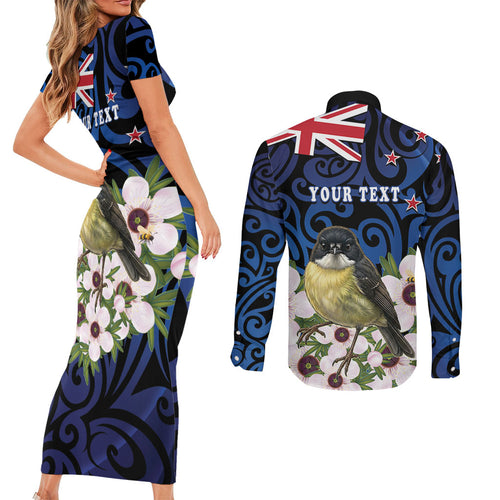 Tomtit New Zealand Personalised Couples Matching Short Sleeve Bodycon Dress and Long Sleeve Button Shirt Miromiro Manuka Flower Maori Pattern