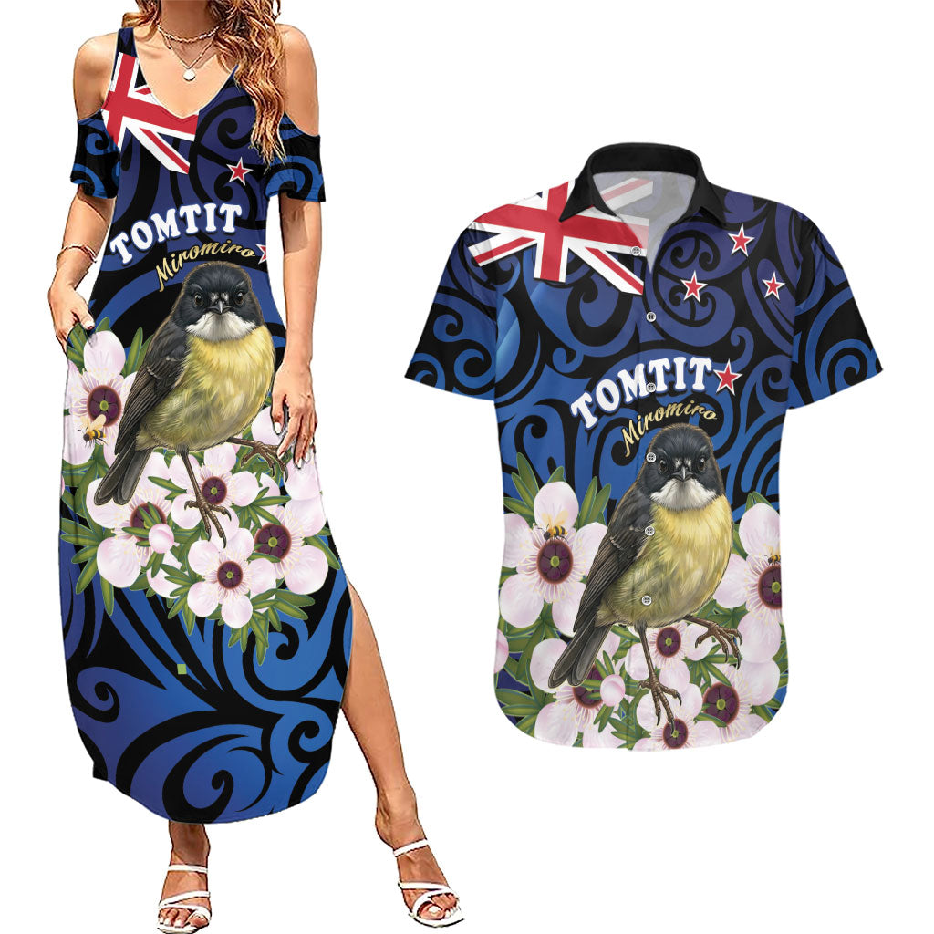 Tomtit New Zealand Personalised Couples Matching Summer Maxi Dress and Hawaiian Shirt Miromiro Manuka Flower Maori Pattern