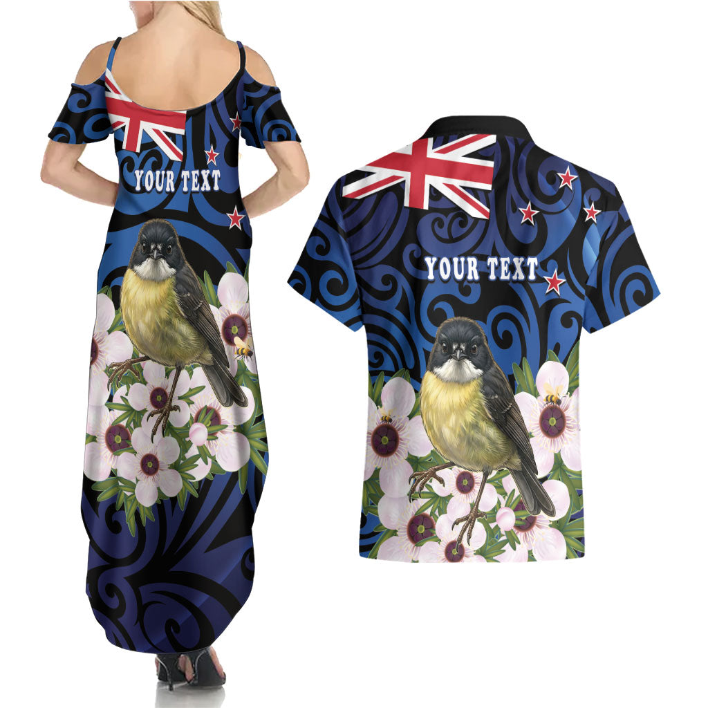 Tomtit New Zealand Personalised Couples Matching Summer Maxi Dress and Hawaiian Shirt Miromiro Manuka Flower Maori Pattern