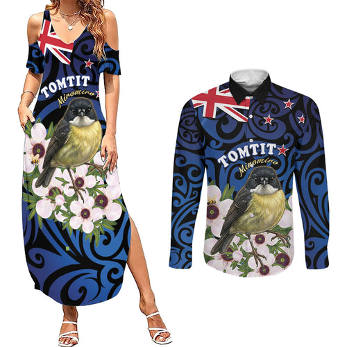 Tomtit New Zealand Personalised Couples Matching Summer Maxi Dress and Long Sleeve Button Shirt Miromiro Manuka Flower Maori Pattern