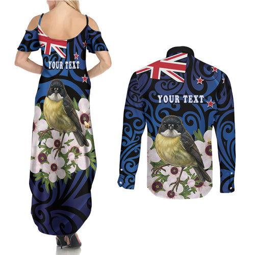 Tomtit New Zealand Personalised Couples Matching Summer Maxi Dress and Long Sleeve Button Shirt Miromiro Manuka Flower Maori Pattern