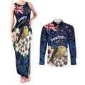 Tomtit New Zealand Personalised Couples Matching Tank Maxi Dress and Long Sleeve Button Shirt Miromiro Manuka Flower Maori Pattern