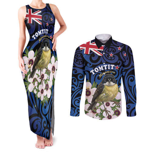 Tomtit New Zealand Personalised Couples Matching Tank Maxi Dress and Long Sleeve Button Shirt Miromiro Manuka Flower Maori Pattern