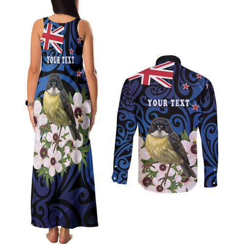 Tomtit New Zealand Personalised Couples Matching Tank Maxi Dress and Long Sleeve Button Shirt Miromiro Manuka Flower Maori Pattern