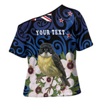 Tomtit New Zealand Personalised Cross Shoulder Shirt Miromiro Manuka Flower Maori Pattern