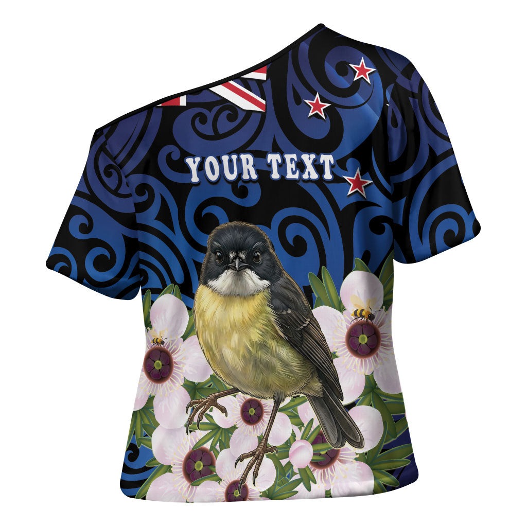 Tomtit New Zealand Personalised Cross Shoulder Shirt Miromiro Manuka Flower Maori Pattern