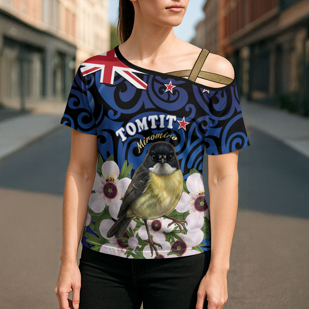Tomtit New Zealand Personalised Cross Shoulder Shirt Miromiro Manuka Flower Maori Pattern
