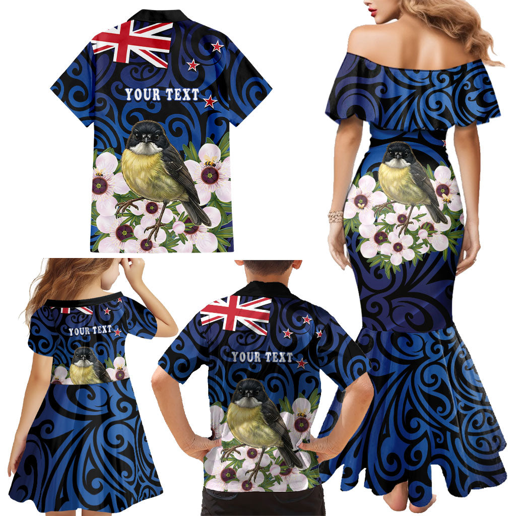 Tomtit New Zealand Personalised Family Matching Mermaid Dress and Hawaiian Shirt Miromiro Manuka Flower Maori Pattern