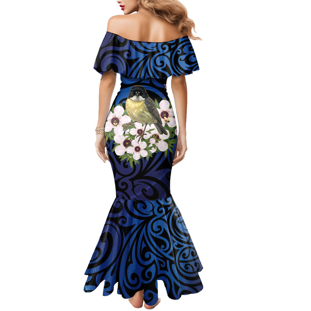 Tomtit New Zealand Personalised Family Matching Mermaid Dress and Hawaiian Shirt Miromiro Manuka Flower Maori Pattern