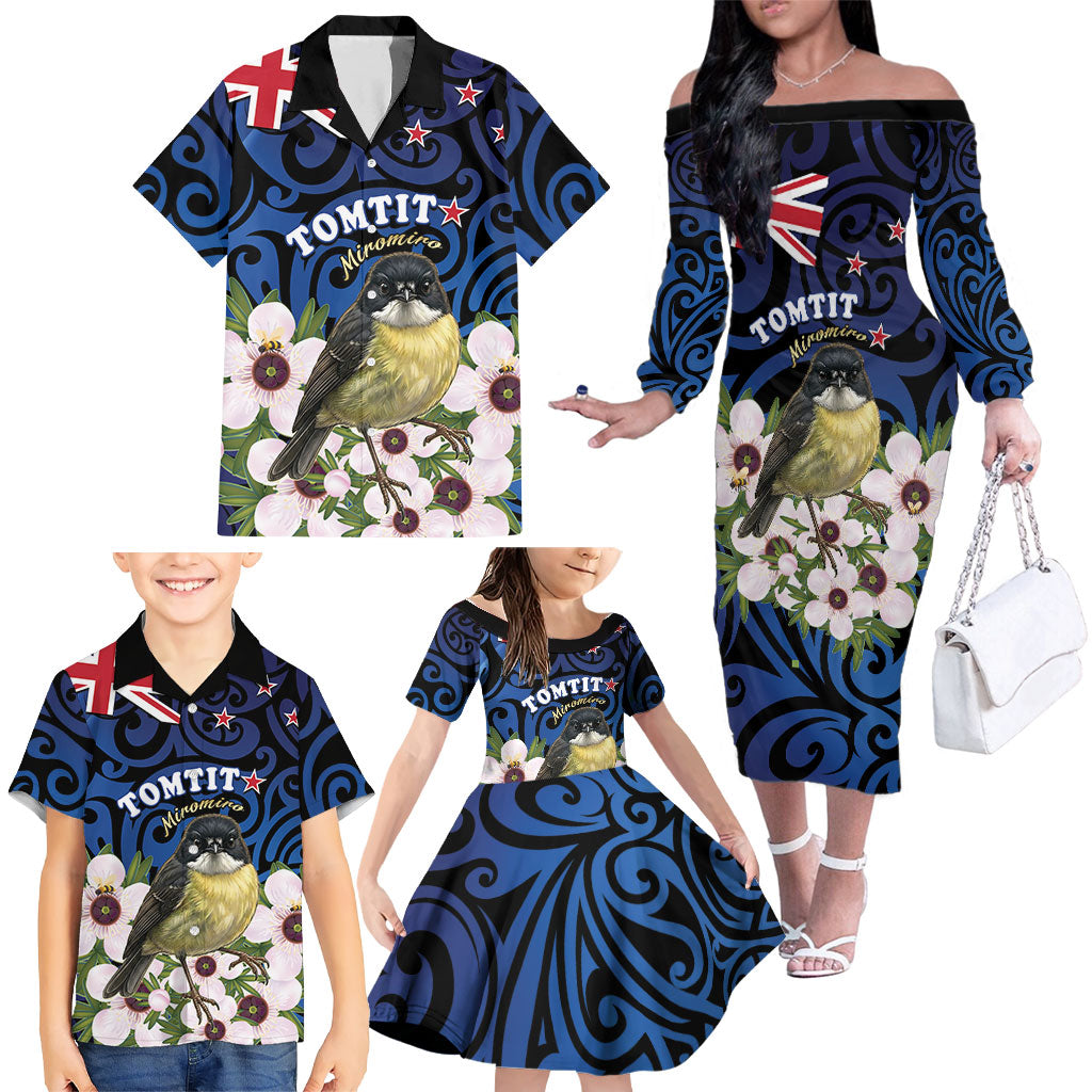 Tomtit New Zealand Personalised Family Matching Off The Shoulder Long Sleeve Dress and Hawaiian Shirt Miromiro Manuka Flower Maori Pattern