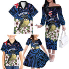 Tomtit New Zealand Personalised Family Matching Off The Shoulder Long Sleeve Dress and Hawaiian Shirt Miromiro Manuka Flower Maori Pattern