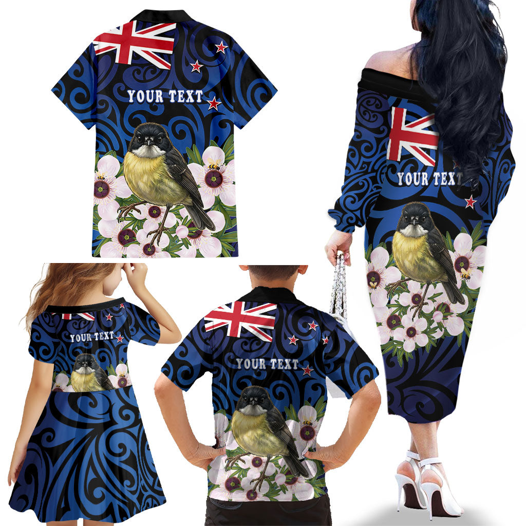 Tomtit New Zealand Personalised Family Matching Off The Shoulder Long Sleeve Dress and Hawaiian Shirt Miromiro Manuka Flower Maori Pattern