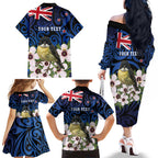 Tomtit New Zealand Personalised Family Matching Off The Shoulder Long Sleeve Dress and Hawaiian Shirt Miromiro Manuka Flower Maori Pattern