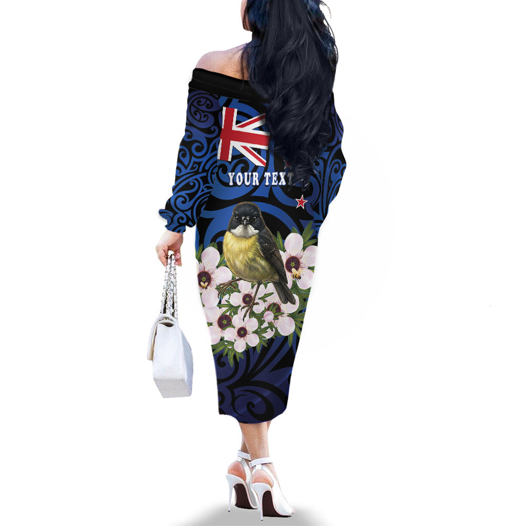 Tomtit New Zealand Personalised Family Matching Off The Shoulder Long Sleeve Dress and Hawaiian Shirt Miromiro Manuka Flower Maori Pattern