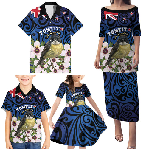 Tomtit New Zealand Personalised Family Matching Puletasi and Hawaiian Shirt Miromiro Manuka Flower Maori Pattern