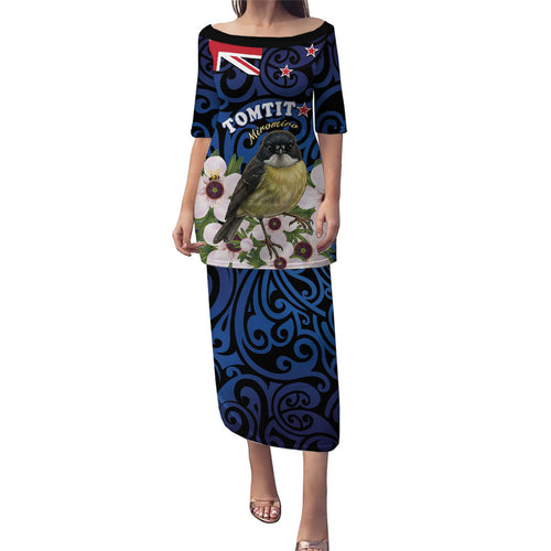 Tomtit New Zealand Personalised Family Matching Puletasi and Hawaiian Shirt Miromiro Manuka Flower Maori Pattern