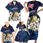 Tomtit New Zealand Personalised Family Matching Short Sleeve Bodycon Dress and Hawaiian Shirt Miromiro Manuka Flower Maori Pattern