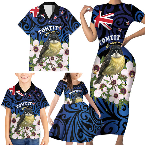 Tomtit New Zealand Personalised Family Matching Short Sleeve Bodycon Dress and Hawaiian Shirt Miromiro Manuka Flower Maori Pattern