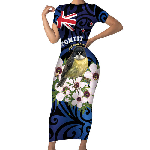Tomtit New Zealand Personalised Family Matching Short Sleeve Bodycon Dress and Hawaiian Shirt Miromiro Manuka Flower Maori Pattern