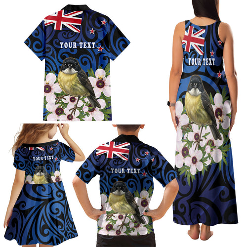 Tomtit New Zealand Personalised Family Matching Tank Maxi Dress and Hawaiian Shirt Miromiro Manuka Flower Maori Pattern