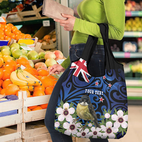 Tomtit New Zealand Personalised Grocery Bag Miromiro Manuka Flower Maori Pattern