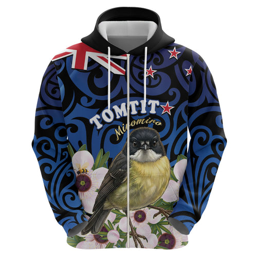 Tomtit New Zealand Personalised Hoodie Miromiro Manuka Flower Maori Pattern