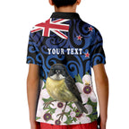 Tomtit New Zealand Personalised Kid Polo Shirt Miromiro Manuka Flower Maori Pattern