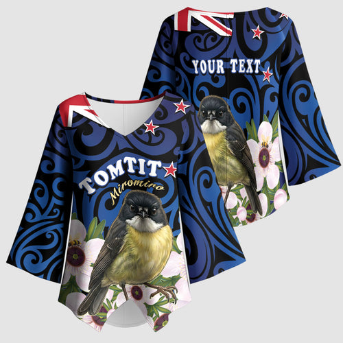 Tomtit New Zealand Personalised Kimono Sleeve Blouse Miromiro Manuka Flower Maori Pattern