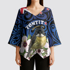 Tomtit New Zealand Personalised Kimono Sleeve Blouse Miromiro Manuka Flower Maori Pattern