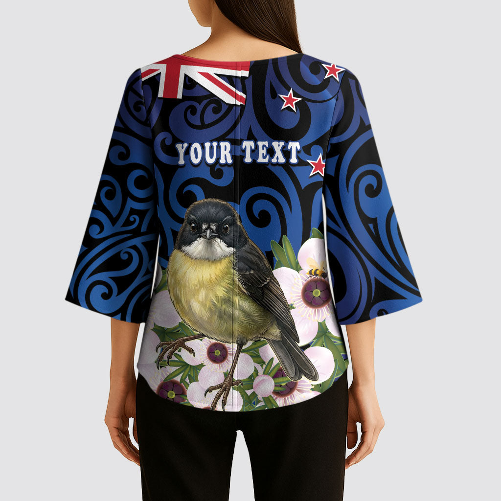 Tomtit New Zealand Personalised Kimono Sleeve Blouse Miromiro Manuka Flower Maori Pattern