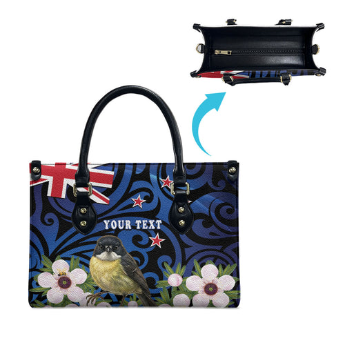 Tomtit New Zealand Personalised Leather Bag Miromiro Manuka Flower Maori Pattern